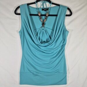 Y2K BCX Turquoise Cowl Neck Beaded Halter Tank Top Women's M Made in USA